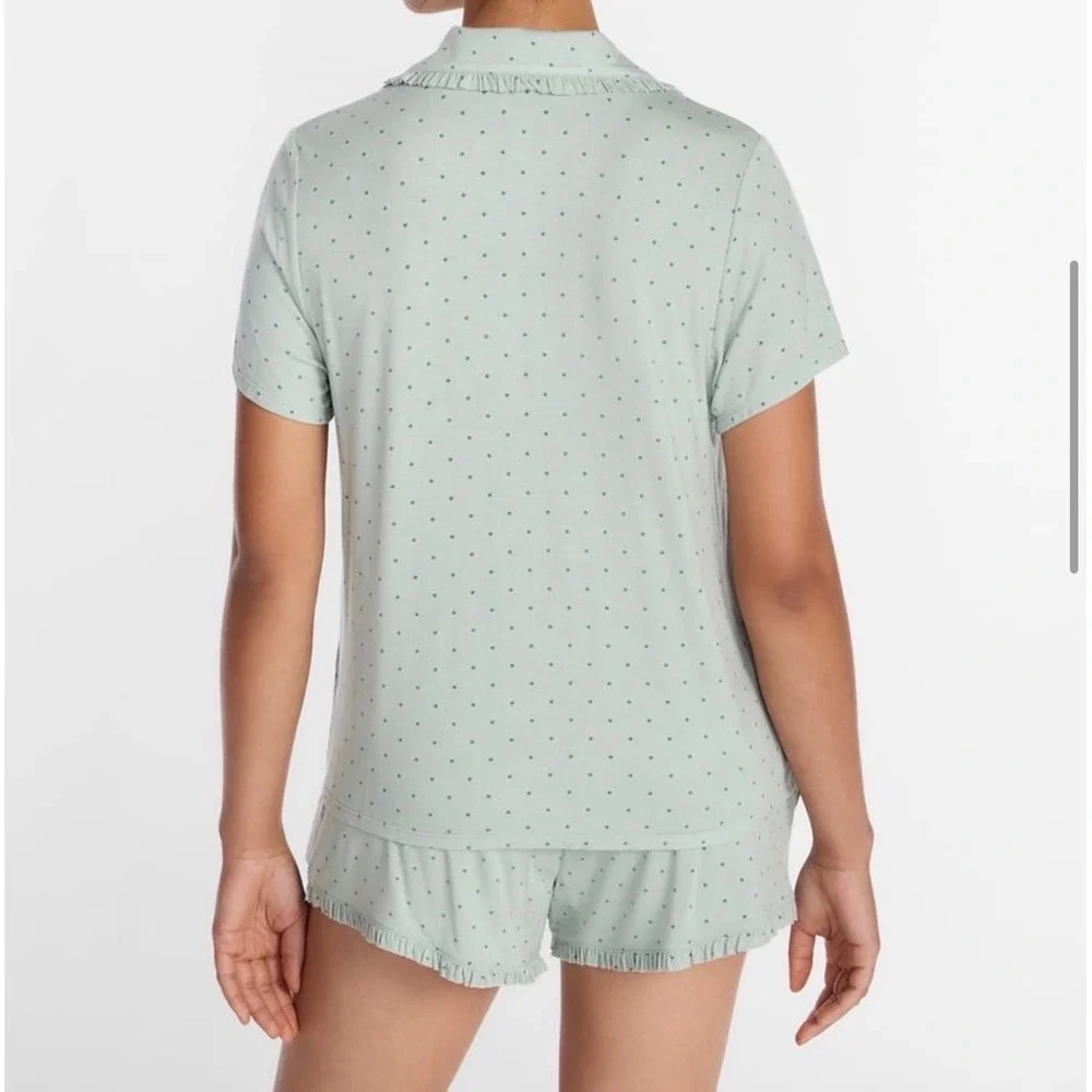 Joyspun Pajama Set Women 2X Green Polka Dot Ruffle Trim 2pc Modal NEW